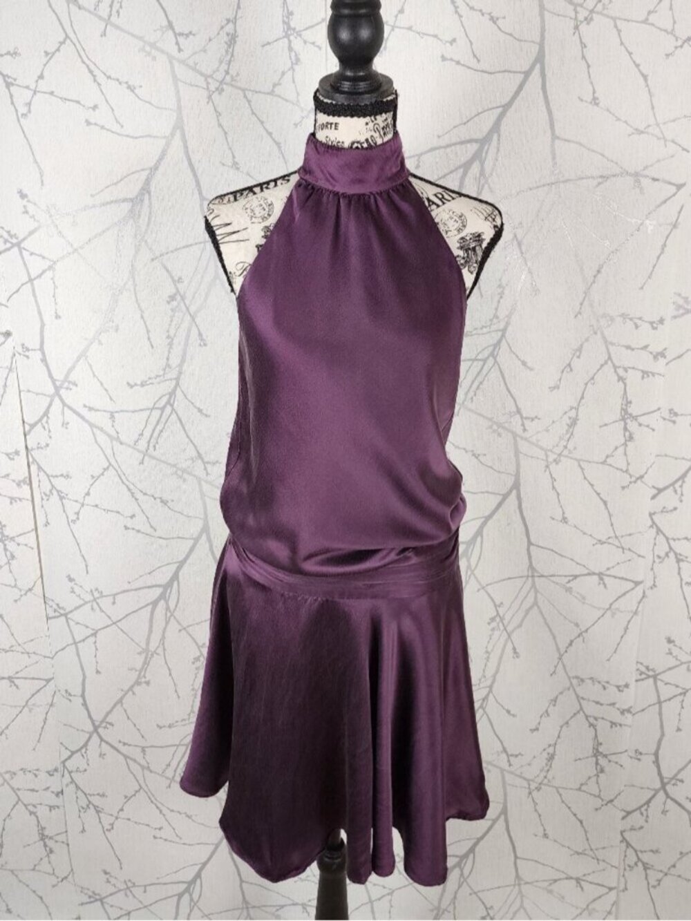 Jacob Purple Silk Satin Dropwaist High Neck Halter Dress